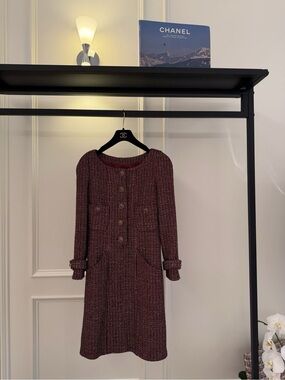 CHANEL Burgundy Tweed Long-Sleeve Button Dress